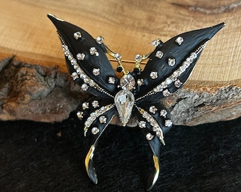 Vintage Style Enamel Black Rhinestone Butterfly Brooch - Formal Lapel Pin - Matte Black and Crystal