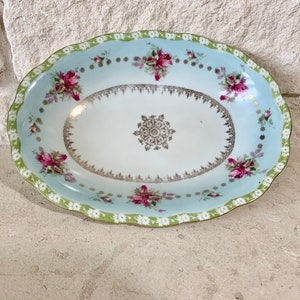 Antique Light Blue Decorative Bowl with Pink Painted Roses - Vintage Hand Painted Floral Bowl - As is; See Description - B1C