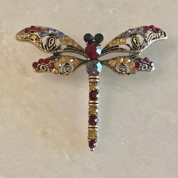 Vintage Style Rhinestone Dragonfly Brooch - Retro Spring Womens Lapel Pin for Jacket Dress Hat Bag