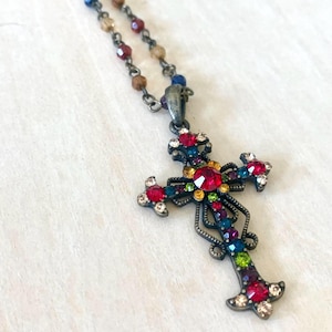 Gunmetal and Red Colorful Vintage Rhinestone Cross Pendant Necklace - Antique Cross Jewelry