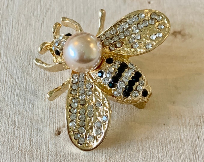 Bumble Honey Bee Pendant/brooch - Faux Pearl Gold Rhinestones - Gold ...
