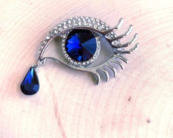 Deep Royal Blue Crystal Rhinestone Eye Brooch - silver Tone Setting - Fancy Formal Lapel Pin - Gift for Her