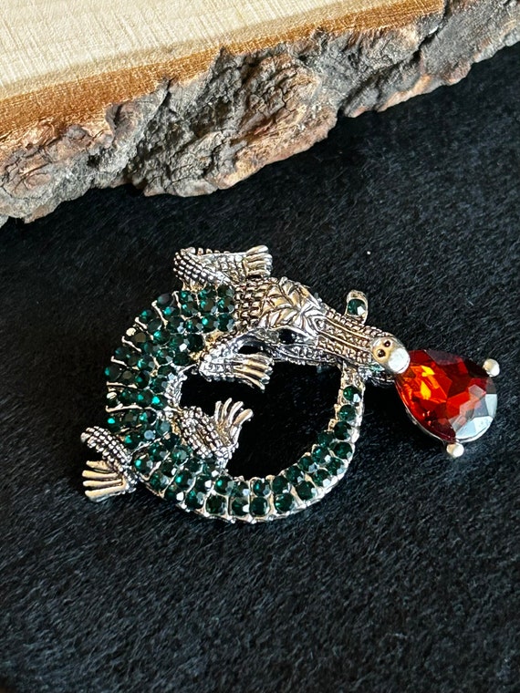 Crocodile Alligator Rhinestone Reptile Brooch - D… - image 5