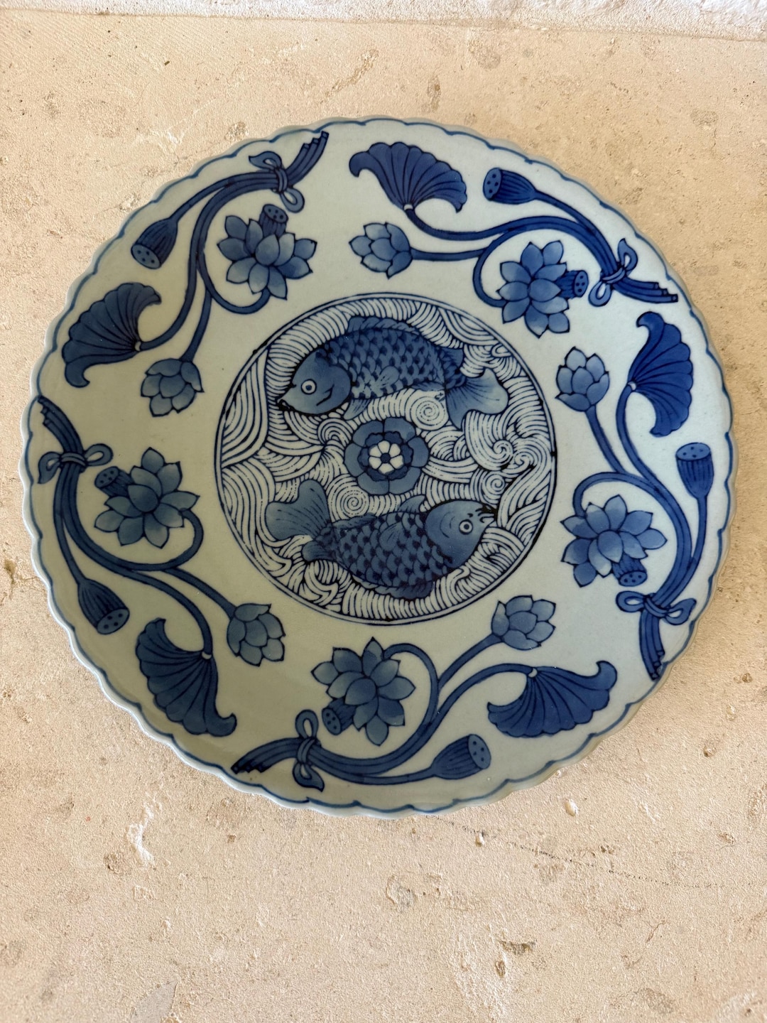 Collectible Vintage Ceramic Blue Koi Fish Pattern Plate, Home Decoration, Blue Porcelain Plate. 3j