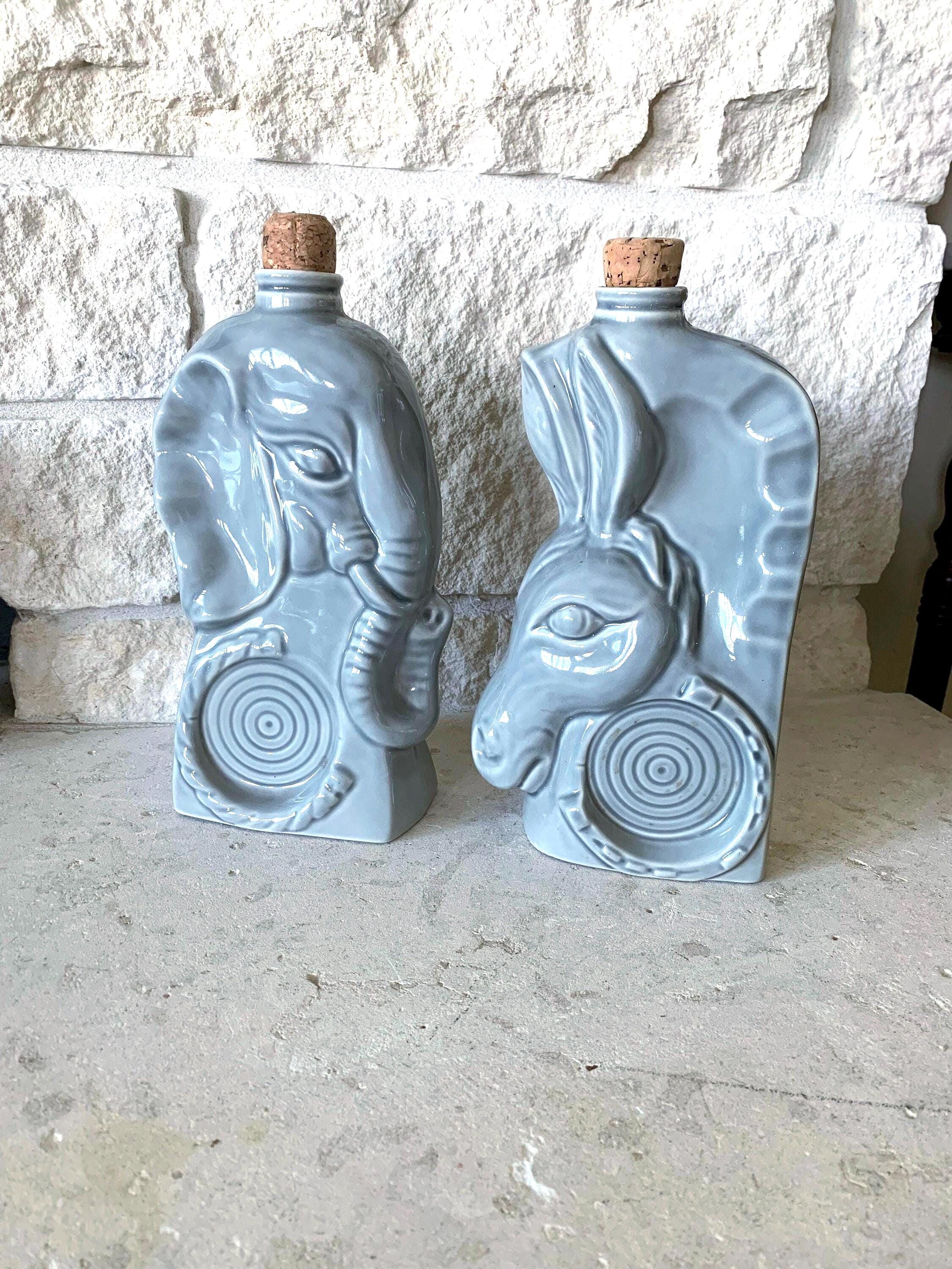 1950's Jim Beam Political Party Bottles - MCM Style Elephant and Donkey Gray Bottle with Cork - Republican Democrat Election - B8