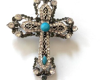 Western Rhinestone Turquoise Cross Womens Brooch - Western Ranch Cowgirl Lapel Pin Jewelry