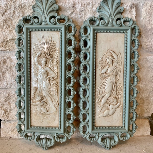 Pair Vintage Homco Hollywood Regency Wall Art | Mid-century Wall Décor | MCM blue and Gold Wall Plaque