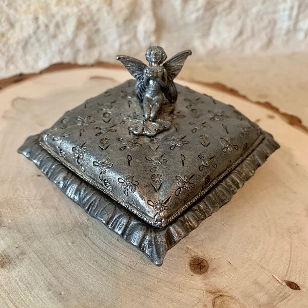 Metzke Pewter Trinket Box With Lid And Fairy Finial 1992 Made In USA 3” Square sb5