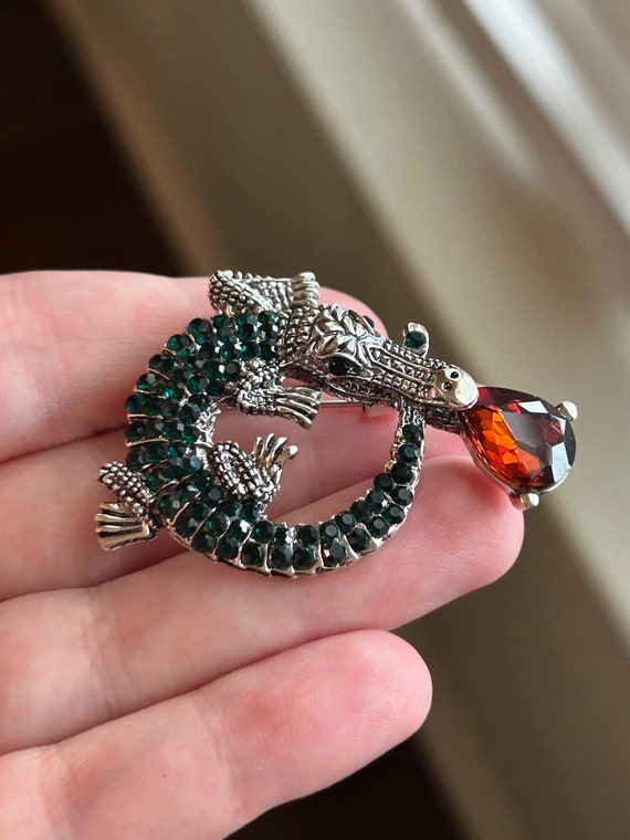 Crocodile Alligator Rhinestone Reptile Brooch - D… - image 3