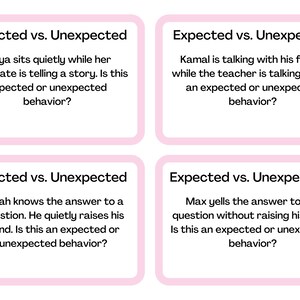 Può includere: Quattro schede con bordi rosa con il testo "Expected vs. Unexpected" e scenari sul comportamento in classe. Ogni scheda pone una domanda su azioni attese o inaspettate.
