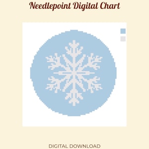 May include: A digital needlepoint chart with a snowflake design. The snowflake is white and set against a light blue circle. The words "Needlepoint Digital Chart" and "DIGITAL DOWNLOAD" are displayed in brown text.