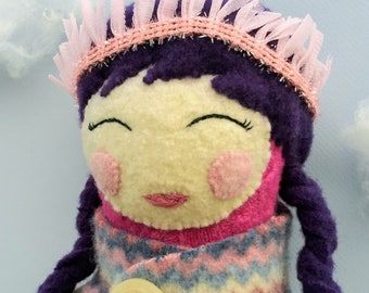 Violet - a one of a kind doll made from upcycled wool and cashmere sweaters.