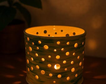 Handmade Ceramic Luminaria – Yellow and Green Glaze Candle Holder with Pierced Light Pattern