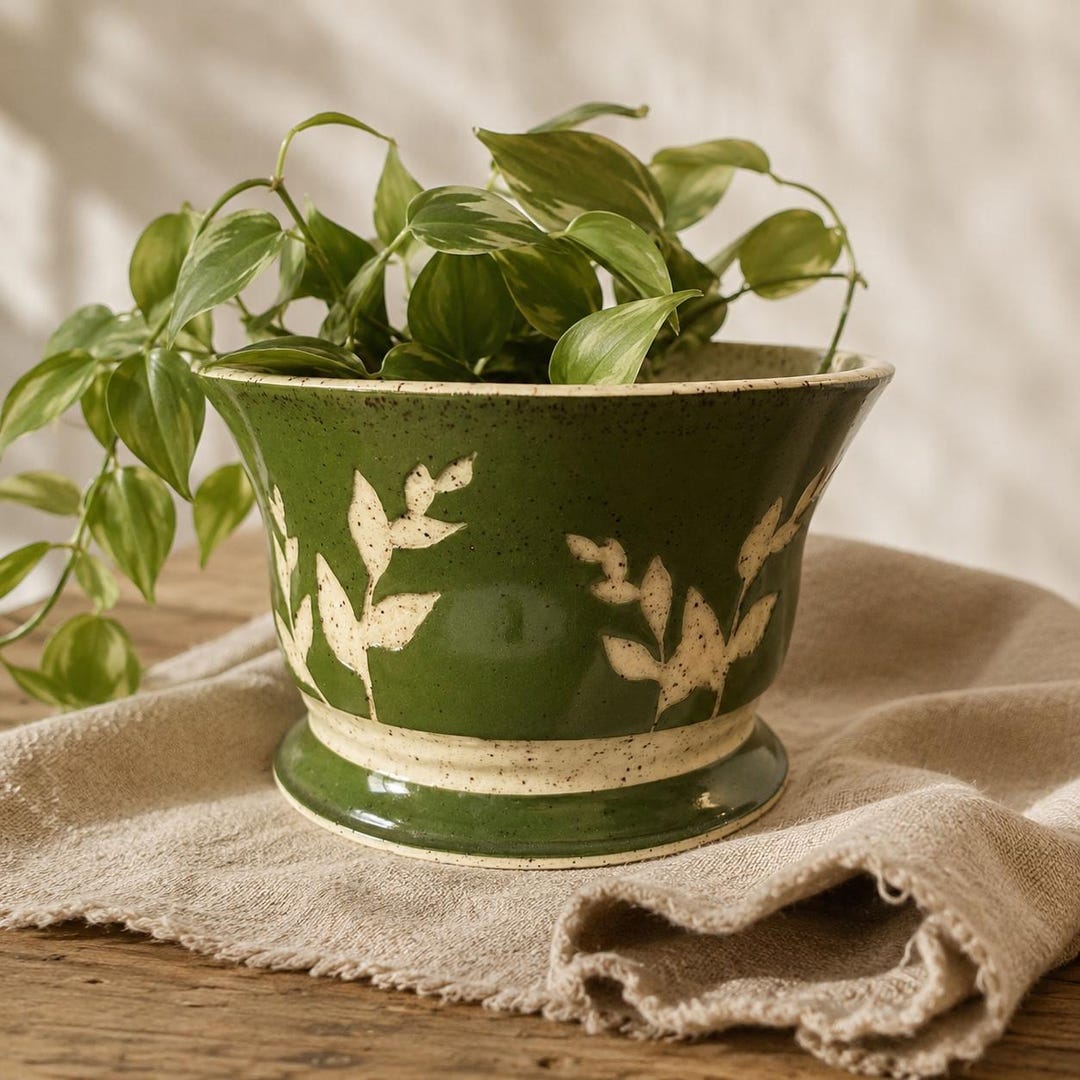 Handmade Green Sgraffito Flower Pot | Ceramic Planter With Botanical ...