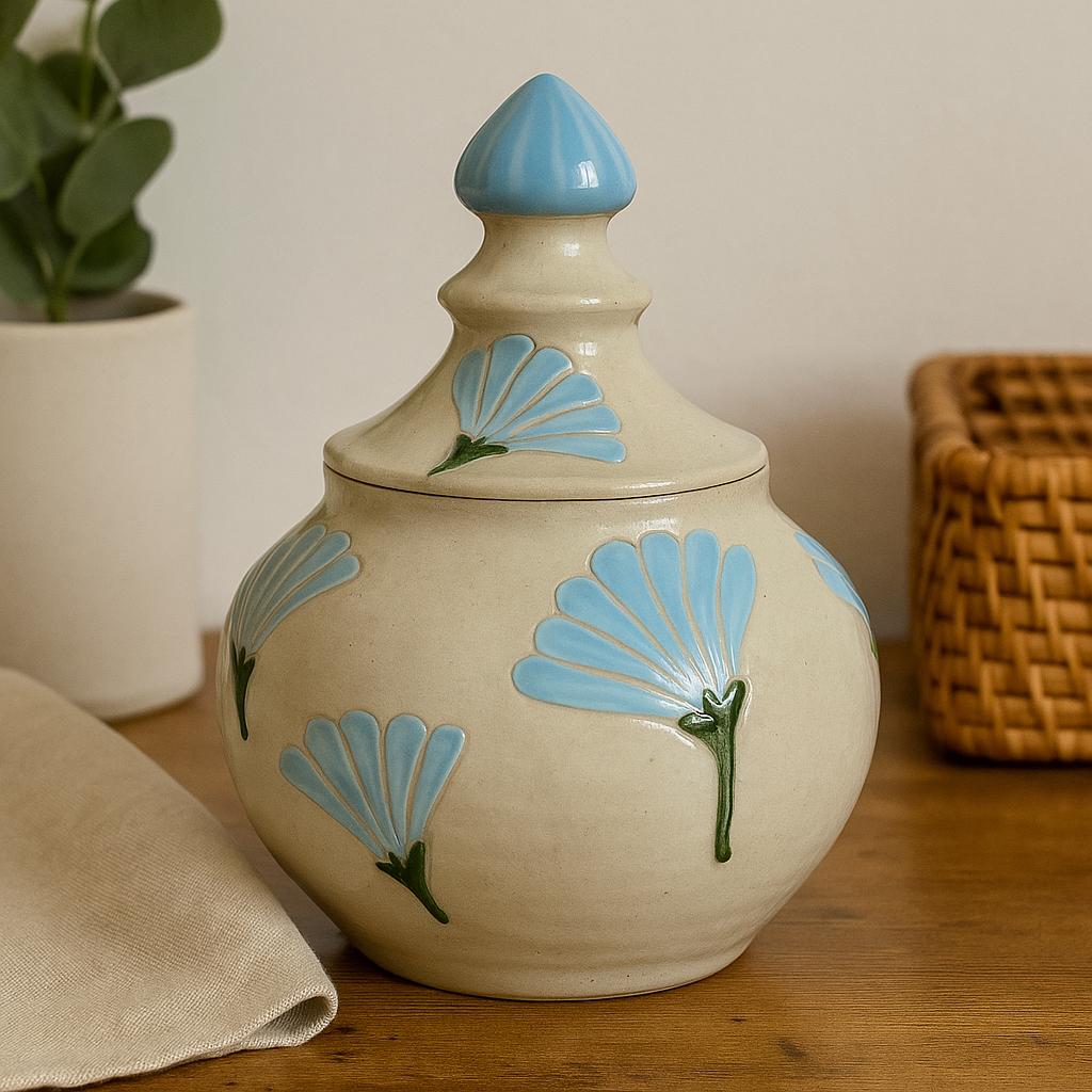 アンティーク 花柄陶器花器 蓋付き 陶器の瓶 青い花柄 約25cm 青い