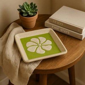 Square Ceramic Tray with Green Glaze and Sgraffito Flower Design