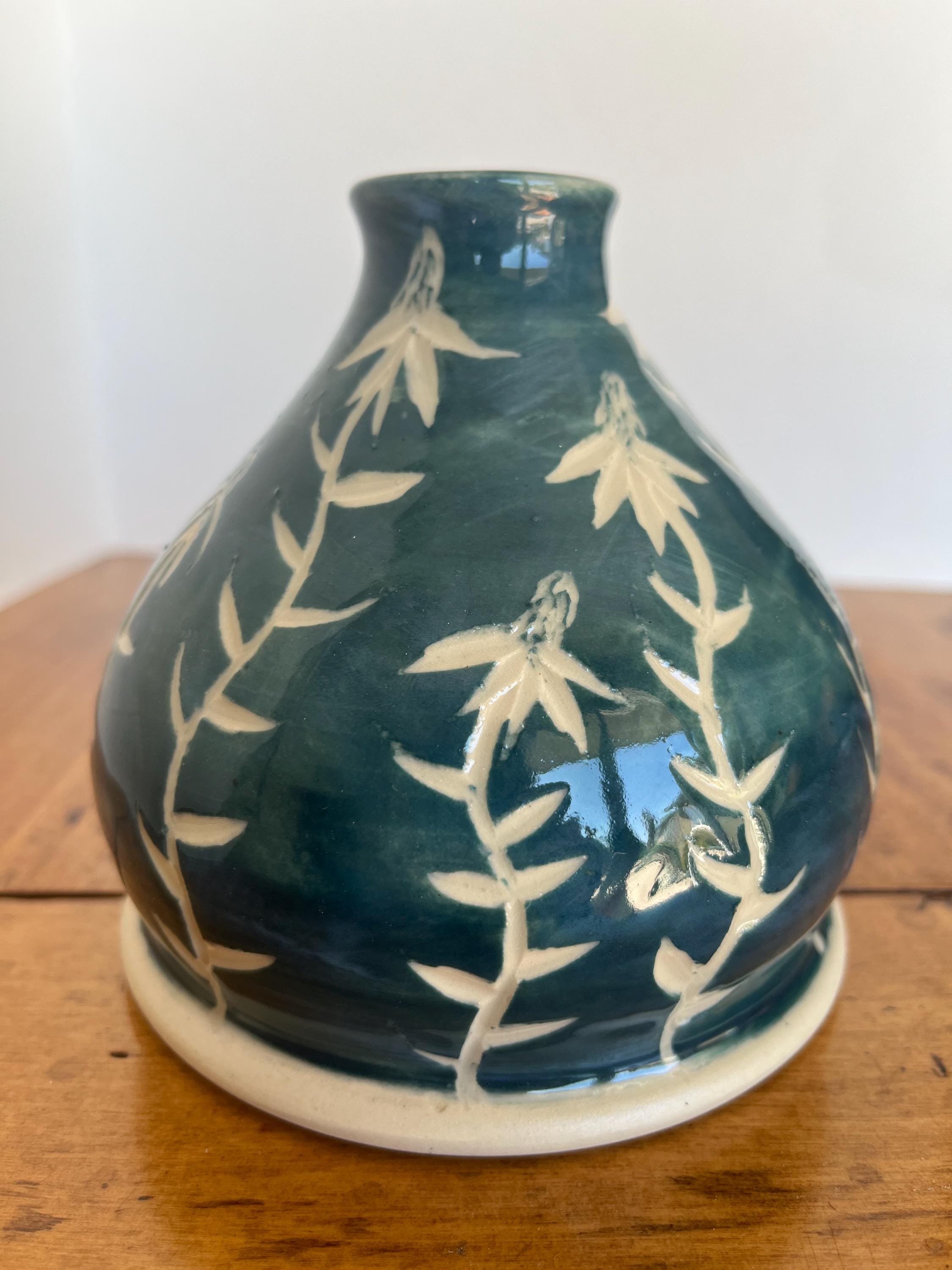 Teal Ceramic Sgraffito Vase – Hand Carved Botanical Bud Vase – Artisan ...