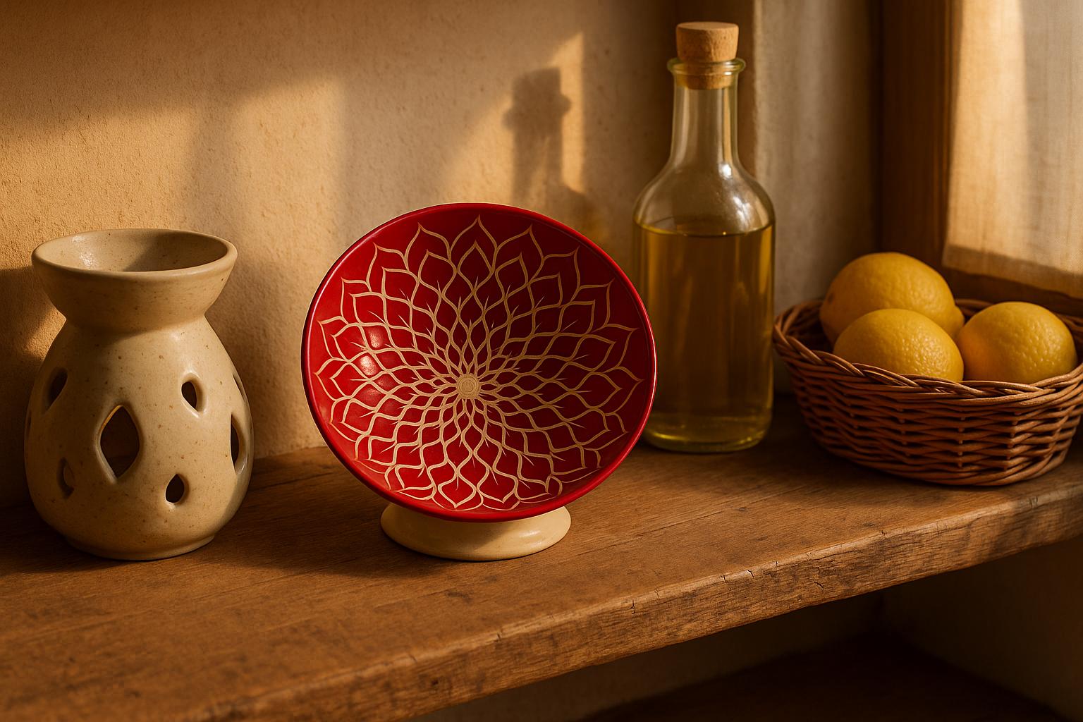 Small Red Ceramic Sgraffito Bowl – Hand-Carved Lotus Mandala Dish – Decorative Footed Pottery Bowl