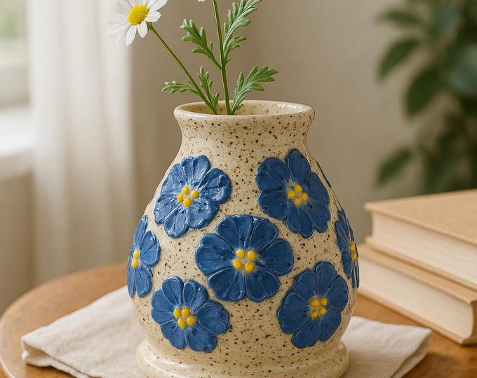 Handmade Ceramic Vase With Blue Slip Trailed Flowers – Textured Pottery ...