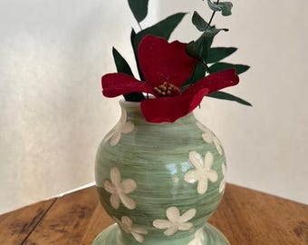 Handmade Green Ceramic Vase with Carved Flowers
