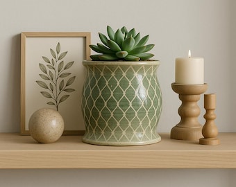 Hand-Carved Ceramic Urn | Green Lattice Planter | Artisan Pottery Vase