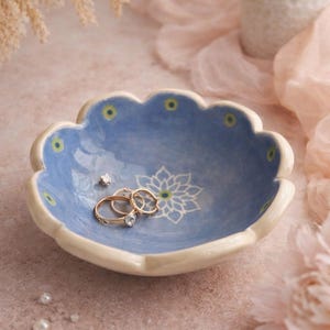 Handmade Ceramic Jewelry Dish – Blue Sgraffito Mandala Ring Holder