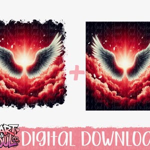 May include: A digital download of a graphic featuring a pair of white angel wings against a red and pink cloudy sky.