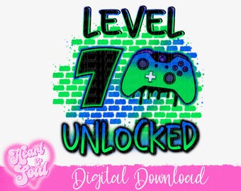 May include: A digital download graphic with a green and blue brick background. The graphic says "Level 7 Unlocked" with a green and blue video game controller.