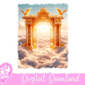 Gold In Loving Memory Png- Heavens Gate Memorial Background- Rest In Peace Template- Heaven Background Png- Memorial Background-Digital