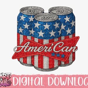 Puede incluir: Tres latas de bebidas con un diseño patriótico. Las latas presentan una parte superior azul con estrellas blancas, rayas rojas y blancas, y la palabra "AmeriCan" en una pancarta roja en forma de estrella. La imagen tiene un fondo blanco.