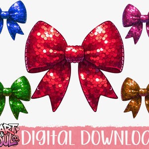 May include: Five digital illustrations of sparkly bows in different colors. The bows are red, blue, green, pink, and orange. The bows are all in a similar style, with a large, central bow and two smaller bows on either side.
