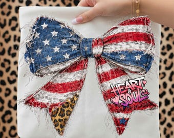 Patriotic faux patchwork coquette bow png-memorial day png- 4th of july distressed denim bow png-American Flag Coquette bow png-digital