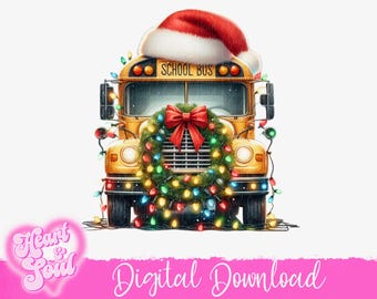 Christmas School Bus PNG – Santa Hat & Wreath (Digital Download)