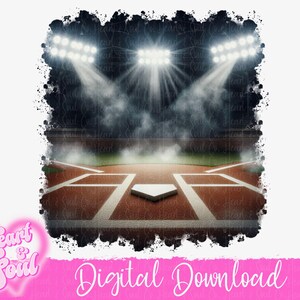 May include: A digital download of a baseball field with a home plate and a dirt infield. The field is lit by stadium lights and there is smoke or fog in the air.