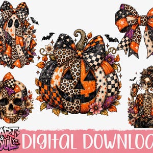 Puede incluir: Una colección de ilustraciones digitales con temática de Halloween que incluye una calabaza, un fantasma, una calavera, un esqueleto y un lazo grande. Cada elemento incorpora patrones naranjas, negros y blancos, incluyendo estampado de leopardo, estrellas y cuadros. El texto dice Heart & Soul Co. DIGITAL DOWNLOAD.