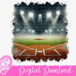May include: A digital download of a baseball field with a green grass infield and brown dirt base paths. The field is lit up by stadium lights and has a foggy, night-time atmosphere.
