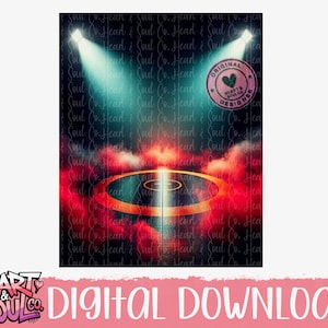 Puede incluir: Gráfico de descarga digital que presenta un escenario con focos, nubes rojas y una plataforma circular. La imagen tiene el texto "Heart & Soul Co." y "Digital Download". Un sello rosa dice "Original Hearts & Soul Design".