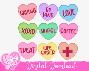 Puede incluir: Nueve diseños de corazones de conversación imprimibles digitales para el Día de San Valentín. Los corazones son rosas, azules, verdes, amarillos y rojos con texto blanco. El texto en los corazones dice: Caring, Be Kind, Love, XOXO, Nurse, Coffee, Treat, Life Saver, y un signo más rojo.