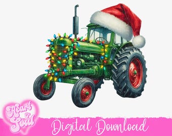Tracteur de Noël (PNG) - Tracteur (PNG) - Tracteur de Noël à la ferme (PNG) - Tracteur avec bonnet de Père Noël (PNG) - Tracteur illuminé pour Noël (PNG) - Téléchargement numérique
