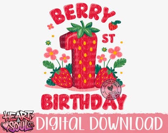 May include: A digital graphic design for a first birthday. The design features a large red strawberry shaped like the number one, with the words "Berry 1st Birthday" in red. Pink flowers and strawberries surround the number one.
