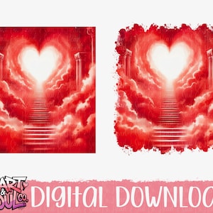 May include: Two digital art prints featuring a heart-shaped opening in the clouds, leading to a staircase. The prints are in shades of red and white, with classical columns on either side. The text "DIGITAL DOWNLOAD" is at the bottom.