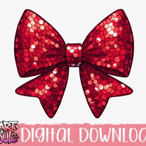 May include: A large red bow with a sparkly, sequin-like texture. The bow is tied in a classic shape with two loops and a center knot.