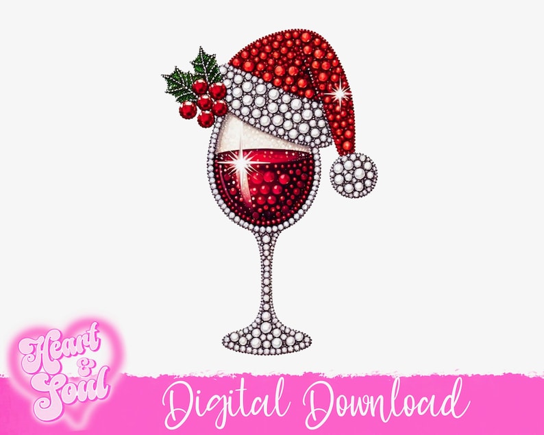 May include: A red wine glass with a red and white Santa hat on top. The glass and hat are decorated with white rhinestones.