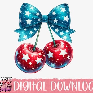 May include: Digital illustration of two cherries with a blue bow. The cherries are red with white stars, and the bow is blue with white stars. The text "DIGITAL DOWNLOAD" is below the cherries.