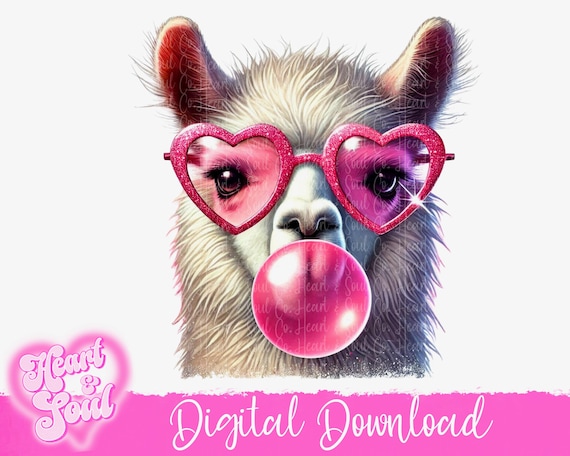 Valentines Llama PNG – Heart Glasses, Bubble Gum (Digital Download)