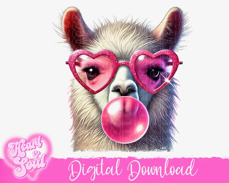 May include: A white llama with pink heart-shaped sunglasses and a pink bubble of gum. The llama is looking directly at the viewer.