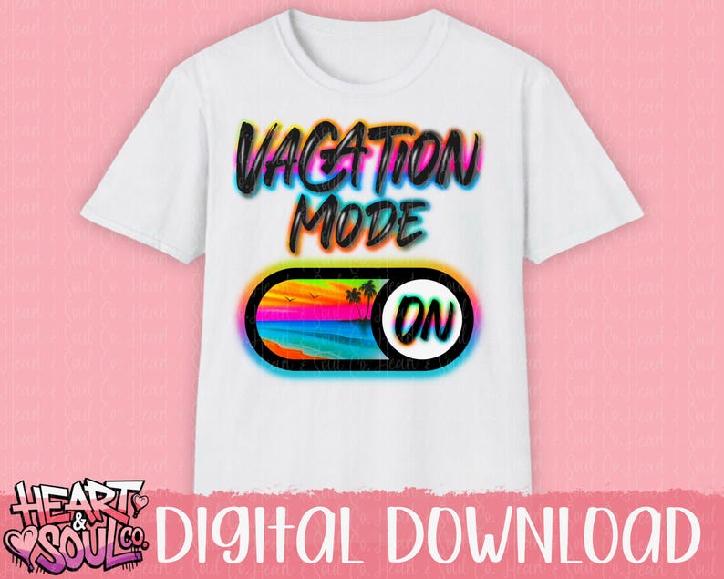 May include: White t-shirt with a graphic design that says "Vacation Mode On" with a colorful beach scene inside a toggle switch.