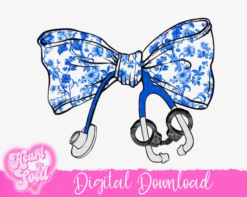 May include: A blue and white floral bow with a stethoscope and handcuffs. The bow is tied with a white ribbon. The stethoscope is blue and the handcuffs are silver.