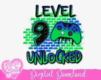 Op de afbeelding: Een digitale illustratie in groen en blauw van een videogamecontroller met de tekst "LEVEL 9 UNLOCKED" op een achtergrond van een bakstenen muur.
