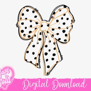 May include: A large, white bow with black polka dots. The bow is drawn in a hand-drawn style with a slightly rough texture.